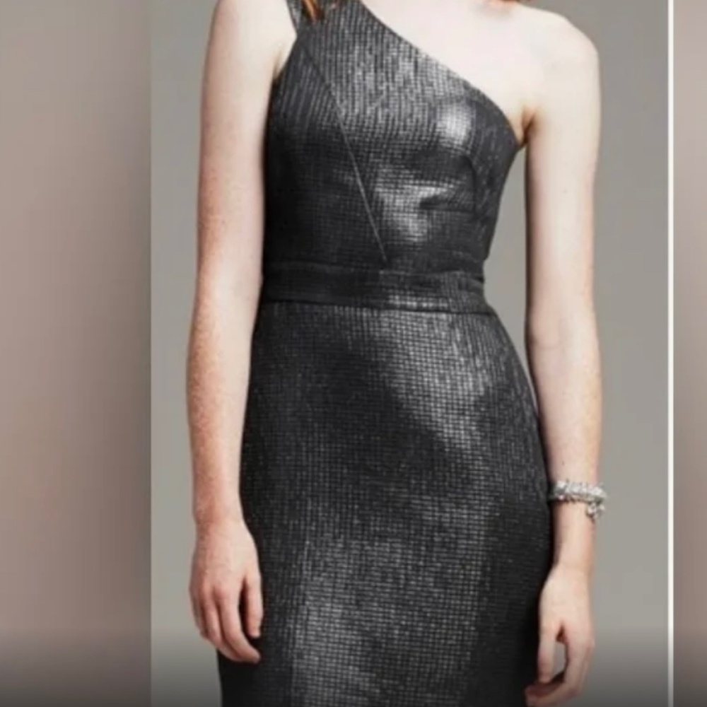 Banana Republic Gunmetal One Shoulder Monogram Dress, Size 4.